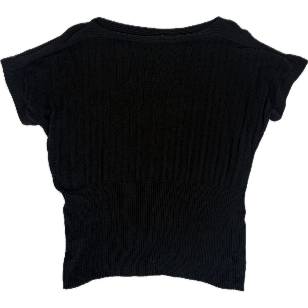 Women's 1X Black Knit Top Slouchy Minimalist Dolman Sleeve Cinched Waist Shirt